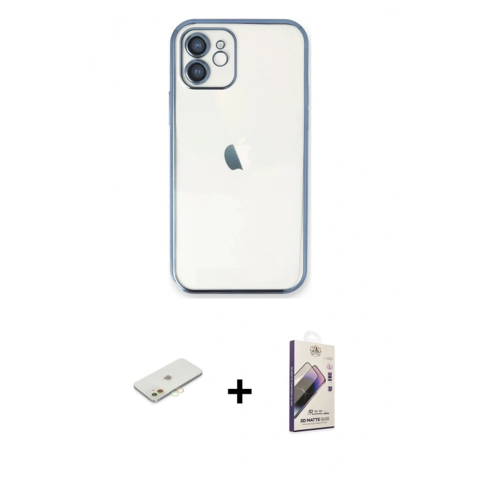MARSİLYAN™- iPhone 11 Kılıf Vadi Minimal - Siyah Bilvis 3D Mat Cam Ekran Koruyucu + Renkli Kamera Lens Koruma Cam - TU