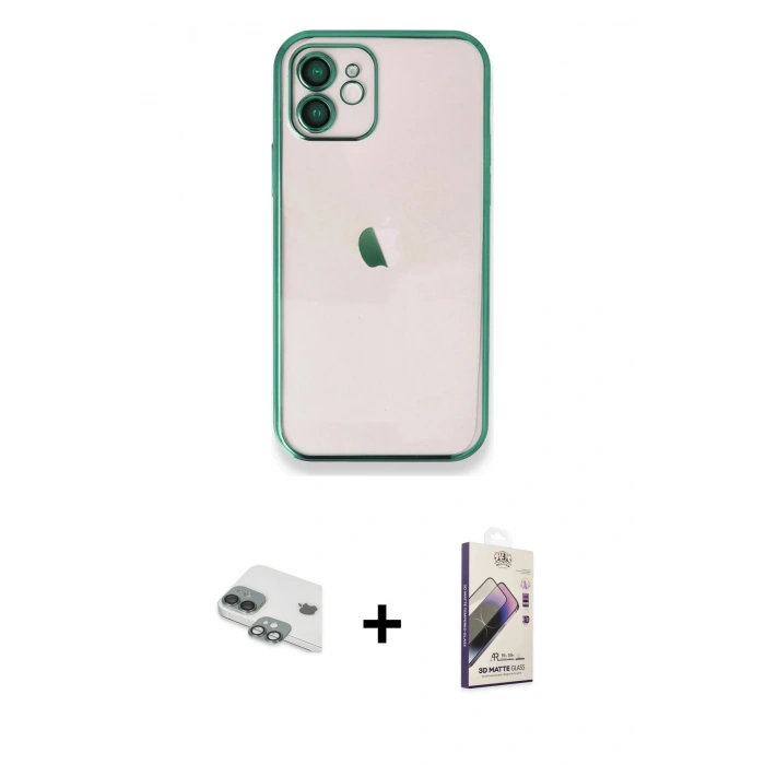 MARSİLYAN™- iPhone 11 Kılıf Vadi Minimal - Siyah Bilvis 3D Mat Cam Ekran Koruyucu + Pers Alüminyum Kamera Lens - YL
