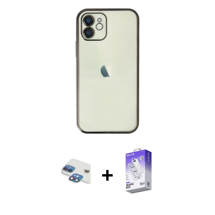 MARSİLYAN™- iPhone 11 Kılıf Vadi Minimal - Siyah Bilvis 5in1 3D Magic Cam Ekran Koruyucu + Pers Alüminyum Kamera Lens - GI