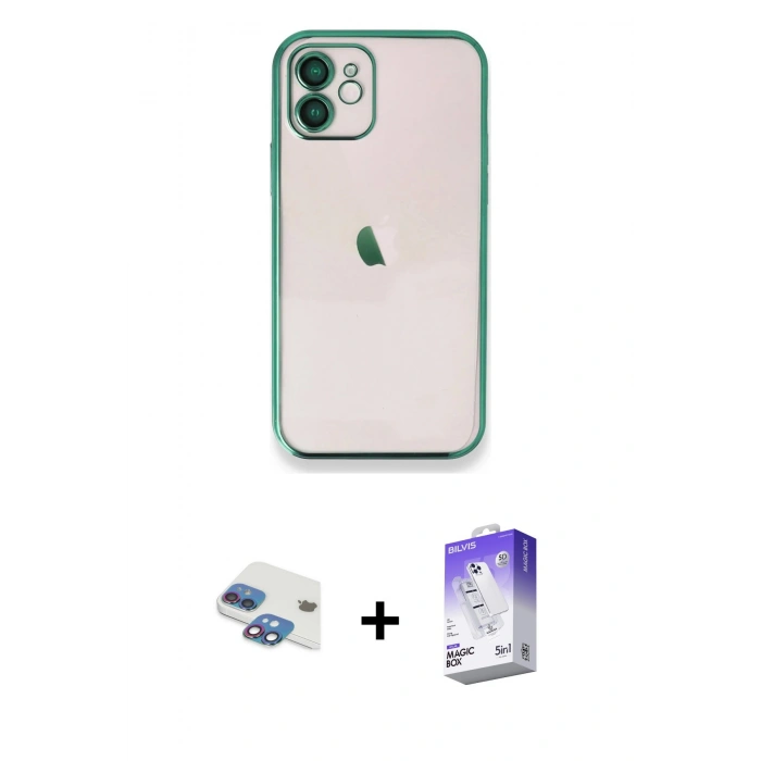 MARSİLYAN™- iPhone 11 Kılıf Vadi Minimal - Siyah Bilvis 5in1 3D Magic Cam Ekran Koruyucu + Pers Alüminyum Kamera Lens - GI