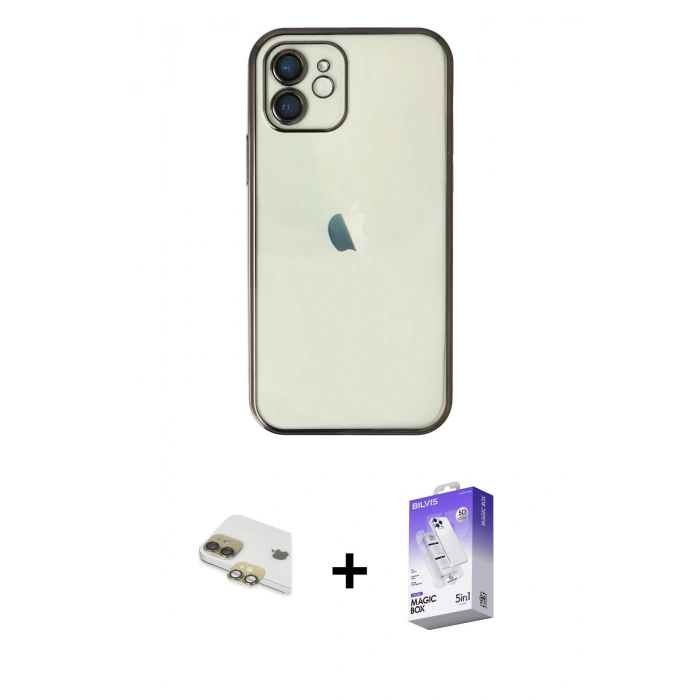 MARSİLYAN™- iPhone 11 Kılıf Vadi Minimal - Siyah Bilvis 5in1 3D Magic Cam Ekran Koruyucu + Pers Alüminyum Kamera Lens - GD