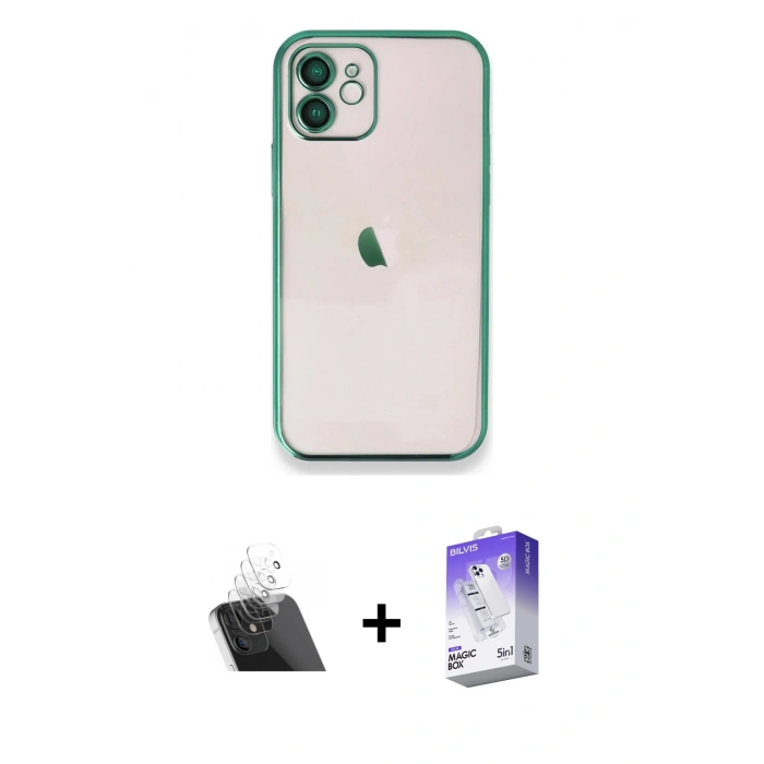 MARSİLYAN™- iPhone 11 Kılıf Vadi Minimal - Siyah Bilvis 5in1 3D Magic Cam Ekran Koruyucu + Kamera Lens Koruma Cam - SF