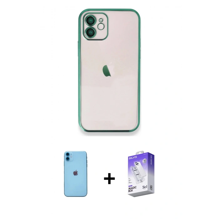 MARSİLYAN™- iPhone 11 Kılıf Vadi Minimal - Siyah Bilvis 5in1 3D Magic Cam Ekran Koruyucu + Neon Fosforlu Kamera Lens - MI