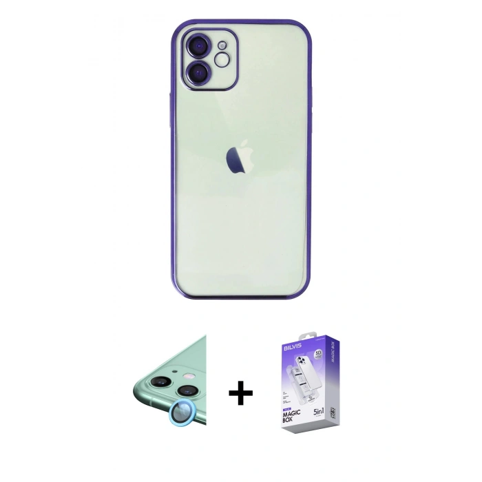 MARSİLYAN™- iPhone 11 Kılıf Vadi Minimal - Siyah Bilvis 5in1 3D Magic Cam Ekran Koruyucu + Raze Metal Kamera Lens - MI