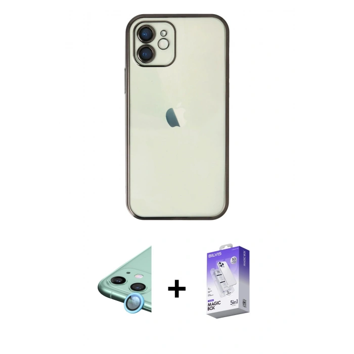 MARSİLYAN™- iPhone 11 Kılıf Vadi Minimal - Siyah Bilvis 5in1 3D Magic Cam Ekran Koruyucu + Raze Metal Kamera Lens - MI