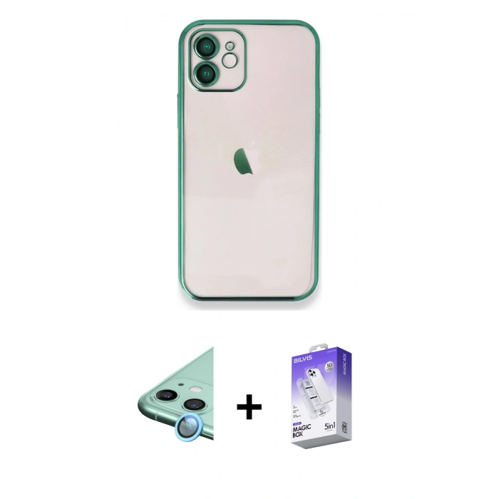 MARSİLYAN™- iPhone 11 Kılıf Vadi Minimal - Siyah Bilvis 5in1 3D Magic Cam Ekran Koruyucu + Raze Metal Kamera Lens - MI