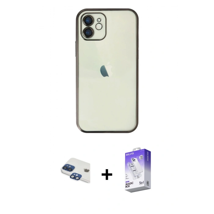 MARSİLYAN™- iPhone 11 Kılıf Vadi Minimal - Siyah Bilvis 5in1 3D Magic Cam Ekran Koruyucu + Pers Alüminyum Kamera Lens - LT