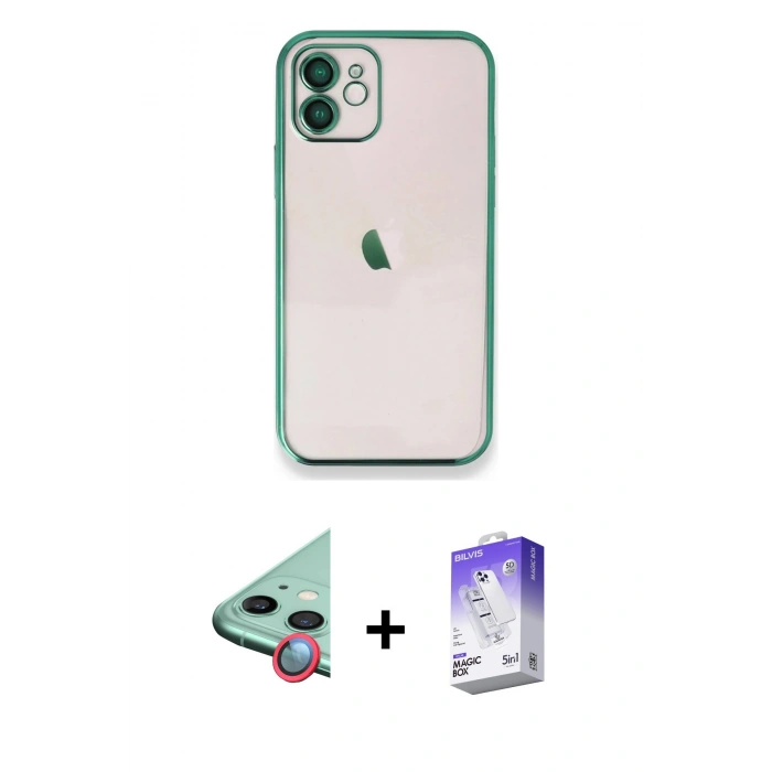 MARSİLYAN™- iPhone 11 Kılıf Vadi Minimal - Siyah Bilvis 5in1 3D Magic Cam Ekran Koruyucu + Raze Metal Kamera Lens - KI