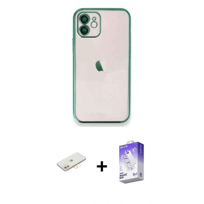 MARSİLYAN™- iPhone 11 Kılıf Vadi Minimal - Siyah Bilvis 5in1 3D Magic Cam Ekran Koruyucu + Renkli Kamera Lens Koruma Cam - SI