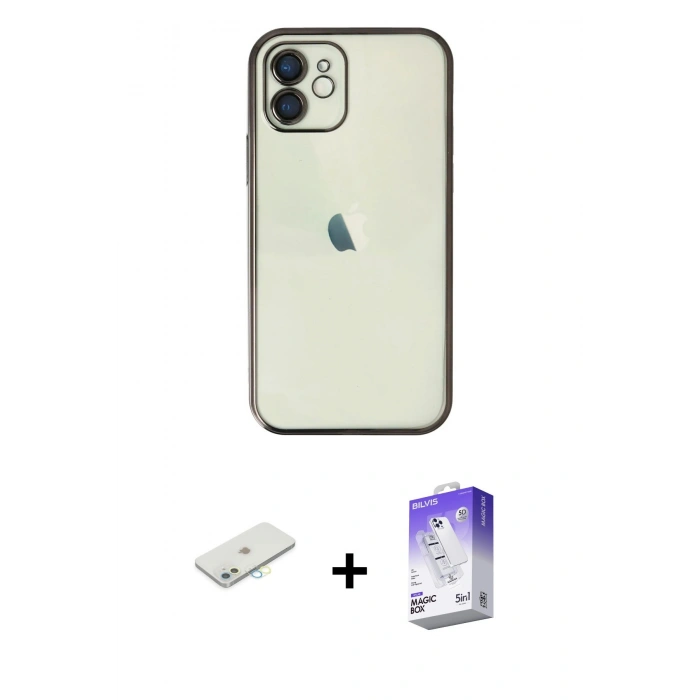 MARSİLYAN™- iPhone 11 Kılıf Vadi Minimal - Siyah Bilvis 5in1 3D Magic Cam Ekran Koruyucu + Renkli Kamera Lens Koruma Cam - SI