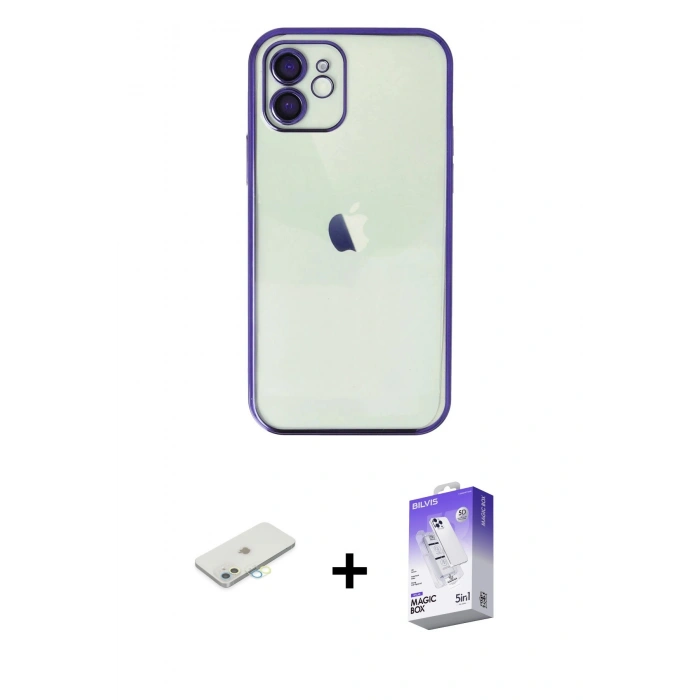 MARSİLYAN™- iPhone 11 Kılıf Vadi Minimal - Siyah Bilvis 5in1 3D Magic Cam Ekran Koruyucu + Renkli Kamera Lens Koruma Cam - SI
