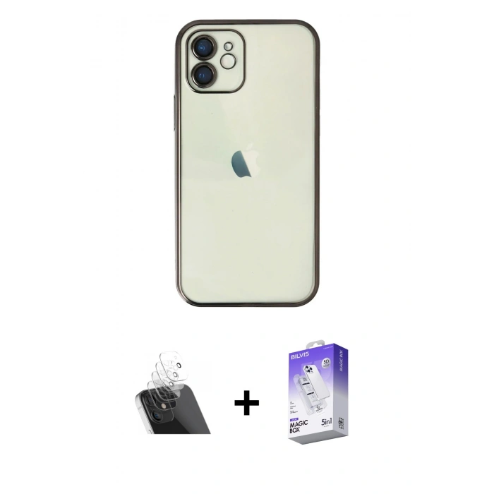 MARSİLYAN™- iPhone 11 Kılıf Vadi Minimal - Siyah Bilvis 5in1 3D Magic Cam Ekran Koruyucu + Şeffaf Kamera Lens Koruma Cam