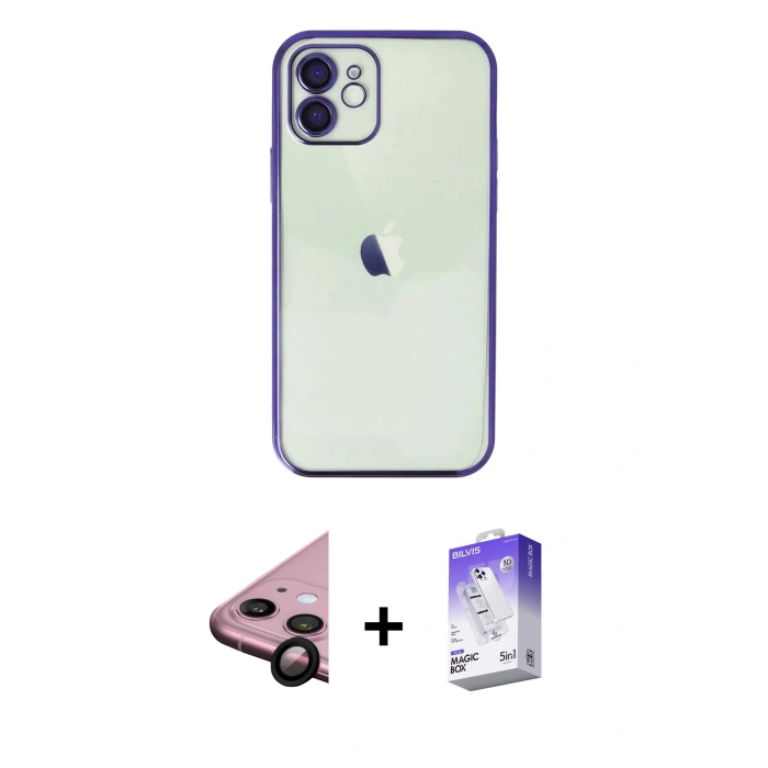 MARSİLYAN™- iPhone 11 Kılıf Vadi Minimal - Siyah Bilvis 5in1 3D Magic Cam Ekran Koruyucu + Raze Metal Kamera Lens - SH