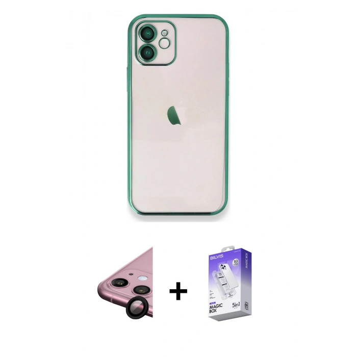 MARSİLYAN™- iPhone 11 Kılıf Vadi Minimal - Siyah Bilvis 5in1 3D Magic Cam Ekran Koruyucu + Raze Metal Kamera Lens - SH