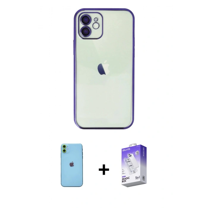 MARSİLYAN™- iPhone 11 Kılıf Vadi Minimal - Siyah Bilvis 5in1 3D Magic Cam Ekran Koruyucu + Neon Fosforlu Kamera Lens - YL