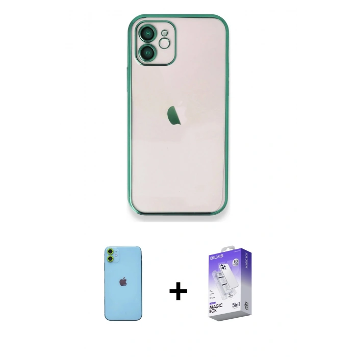 MARSİLYAN™- iPhone 11 Kılıf Vadi Minimal - Siyah Bilvis 5in1 3D Magic Cam Ekran Koruyucu + Neon Fosforlu Kamera Lens - YL