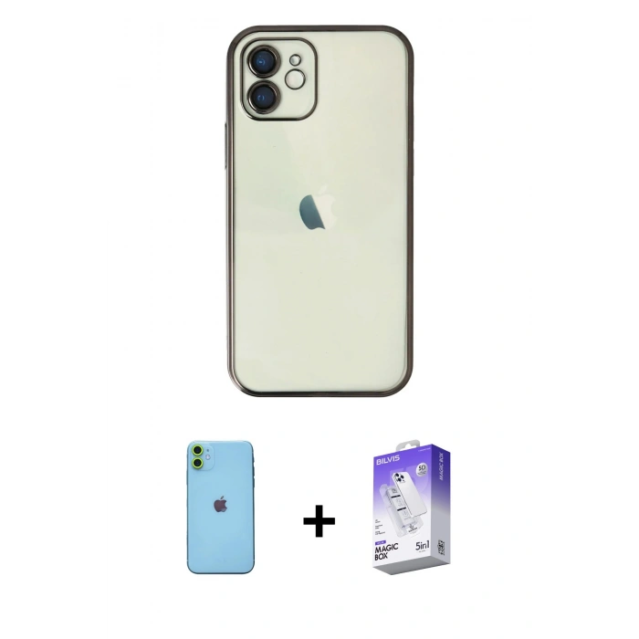 MARSİLYAN™- iPhone 11 Kılıf Vadi Minimal - Siyah Bilvis 5in1 3D Magic Cam Ekran Koruyucu + Neon Fosforlu Kamera Lens - YL