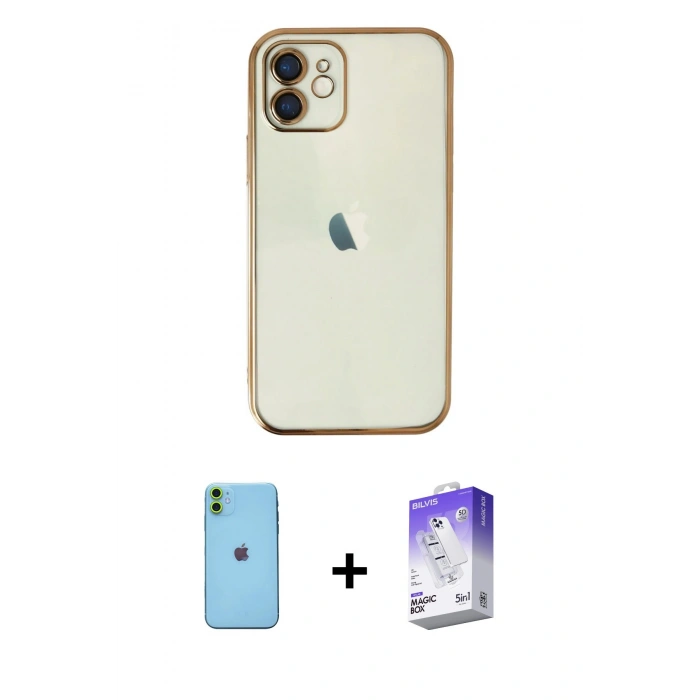 MARSİLYAN™- iPhone 11 Kılıf Vadi Minimal - Siyah Bilvis 5in1 3D Magic Cam Ekran Koruyucu + Neon Fosforlu Kamera Lens - YL