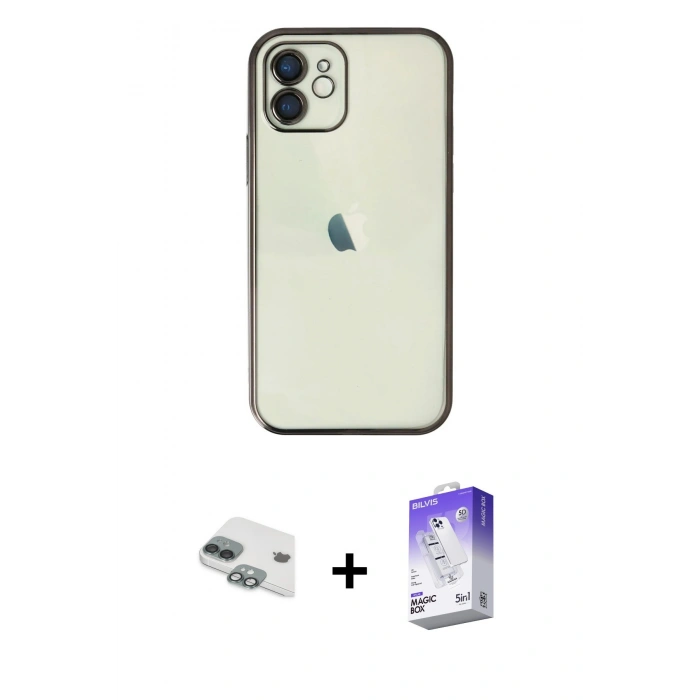 MARSİLYAN™- iPhone 11 Kılıf Vadi Minimal - Siyah Bilvis 5in1 3D Magic Cam Ekran Koruyucu + Pers Alüminyum Kamera Lens - YL
