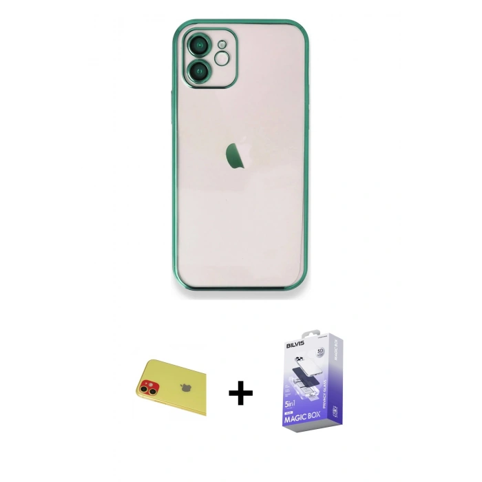 MARSİLYAN™- iPhone 11 Kılıf Vadi Minimal - Siyah Bilvis 5in1 5D Magic Hayalet Cam Ekran Koruyucu + Kırmızı Rainbow Kamera Lens Koruma Cam