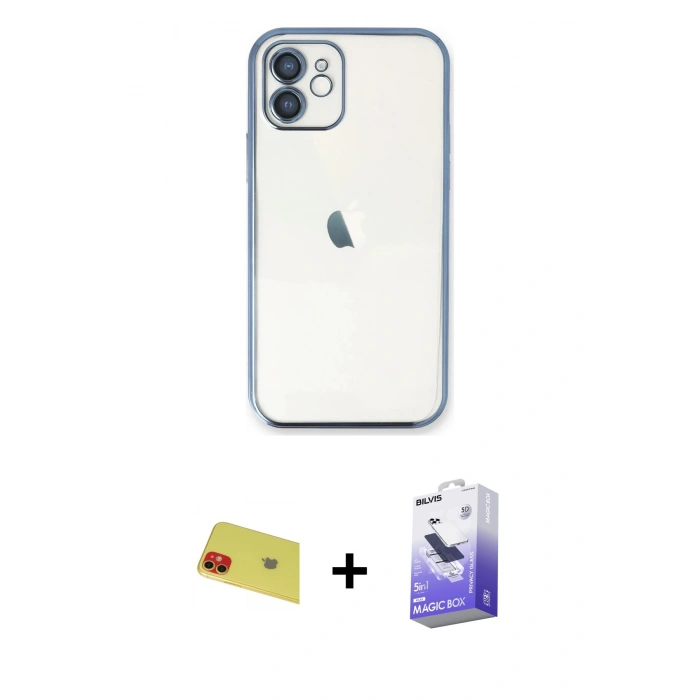 MARSİLYAN™- iPhone 11 Kılıf Vadi Minimal - Siyah Bilvis 5in1 5D Magic Hayalet Cam Ekran Koruyucu + Kırmızı Rainbow Kamera Lens Koruma Cam