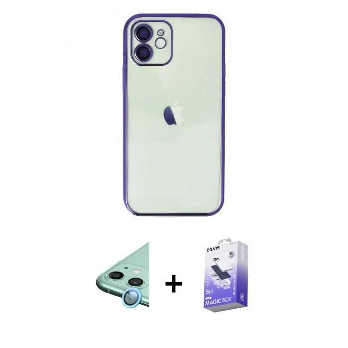 MARSİLYAN™- iPhone 11 Kılıf Vadi Minimal - Siyah Bilvis 5in1 5D Magic Hayalet Cam Ekran Koruyucu + Raze Metal Kamera Lens - MI