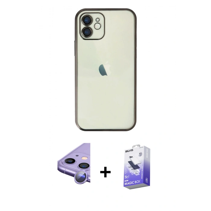 MARSİLYAN™- iPhone 11 Kılıf Vadi Minimal - Siyah Bilvis 5in1 5D Magic Hayalet Cam Ekran Koruyucu + Raze Metal Kamera Lens - MR