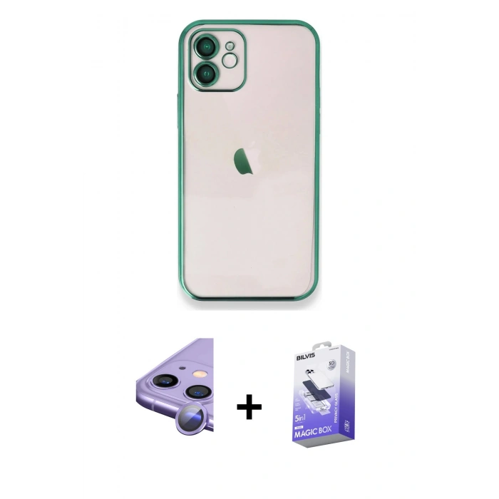 MARSİLYAN™- iPhone 11 Kılıf Vadi Minimal - Siyah Bilvis 5in1 5D Magic Hayalet Cam Ekran Koruyucu + Raze Metal Kamera Lens - MR