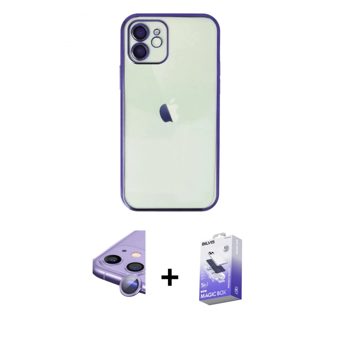 MARSİLYAN™- iPhone 11 Kılıf Vadi Minimal - Siyah Bilvis 5in1 5D Magic Hayalet Cam Ekran Koruyucu + Raze Metal Kamera Lens - MR