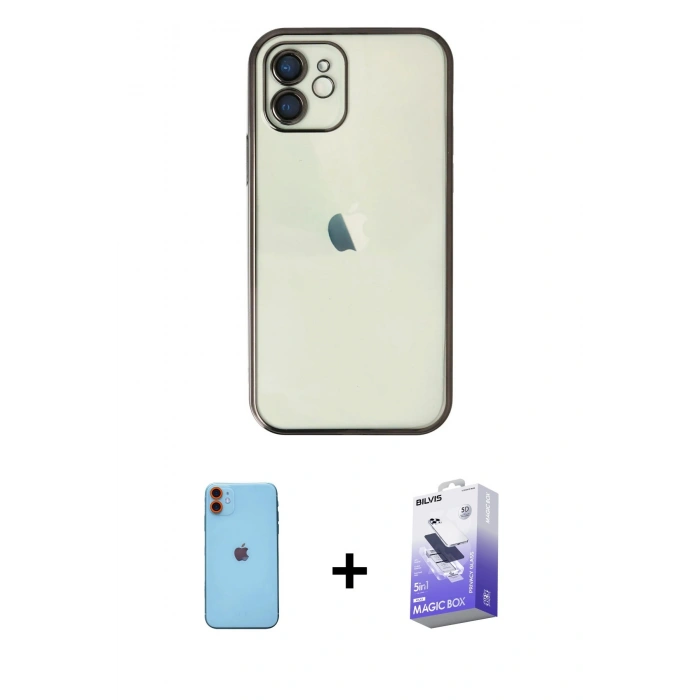 MARSİLYAN™- iPhone 11 Kılıf Vadi Minimal - Siyah Bilvis 5in1 5D Magic Hayalet Cam Ekran Koruyucu + Neon Fosforlu Kamera Lens - TU