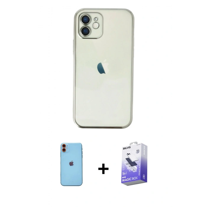 MARSİLYAN™- iPhone 11 Kılıf Vadi Minimal - Siyah Bilvis 5in1 5D Magic Hayalet Cam Ekran Koruyucu + Neon Fosforlu Kamera Lens - TU