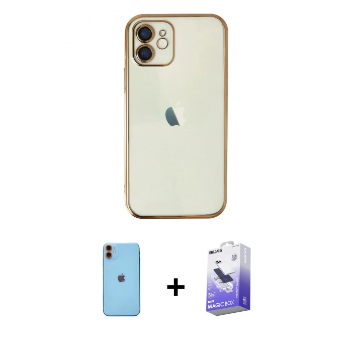 MARSİLYAN™- iPhone 11 Kılıf Vadi Minimal - Siyah Bilvis 5in1 5D Magic Hayalet Cam Ekran Koruyucu + Neon Fosforlu Kamera Lens - TU