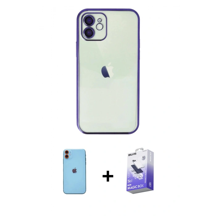MARSİLYAN™- iPhone 11 Kılıf Vadi Minimal - Siyah Bilvis 5in1 5D Magic Hayalet Cam Ekran Koruyucu + Neon Fosforlu Kamera Lens - TU