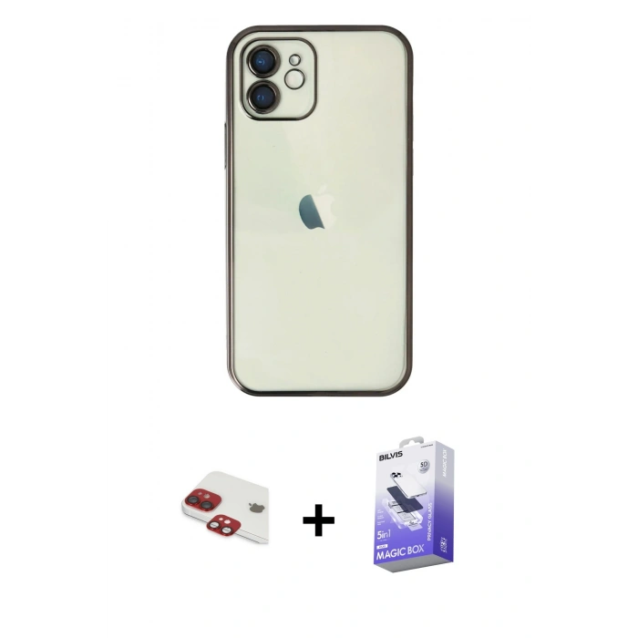 MARSİLYAN™- iPhone 11 Kılıf Vadi Minimal - Siyah Bilvis 5in1 5D Magic Hayalet Cam Ekran Koruyucu + Pers Alüminyum Kamera Lens - KI