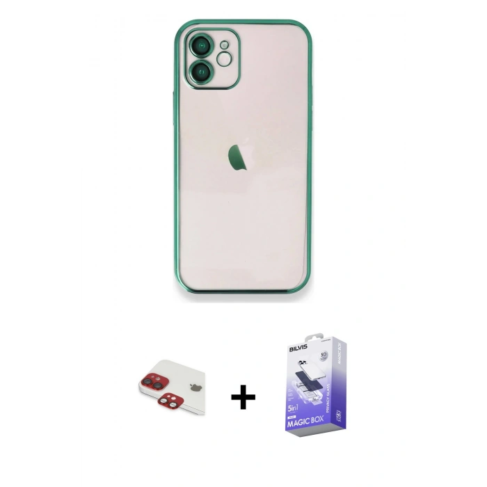 MARSİLYAN™- iPhone 11 Kılıf Vadi Minimal - Siyah Bilvis 5in1 5D Magic Hayalet Cam Ekran Koruyucu + Pers Alüminyum Kamera Lens - KI