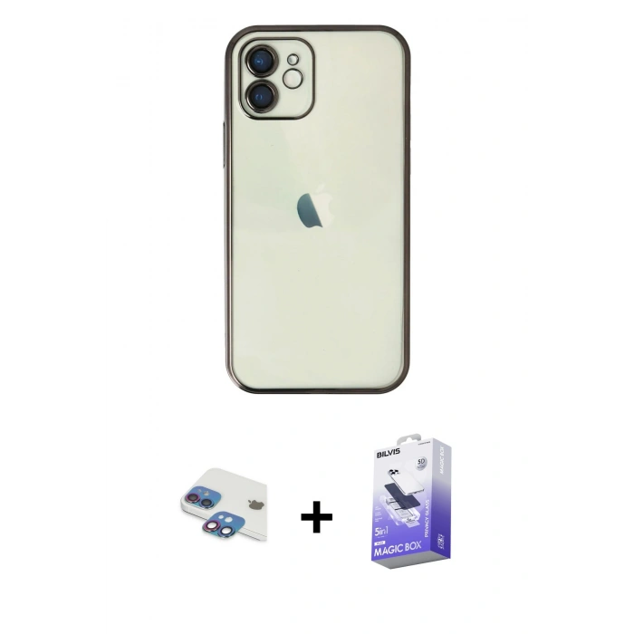 MARSİLYAN™- iPhone 11 Kılıf Vadi Minimal - Siyah Bilvis 5in1 5D Magic Hayalet Cam Ekran Koruyucu + Pers Alüminyum Kamera Lens - GI