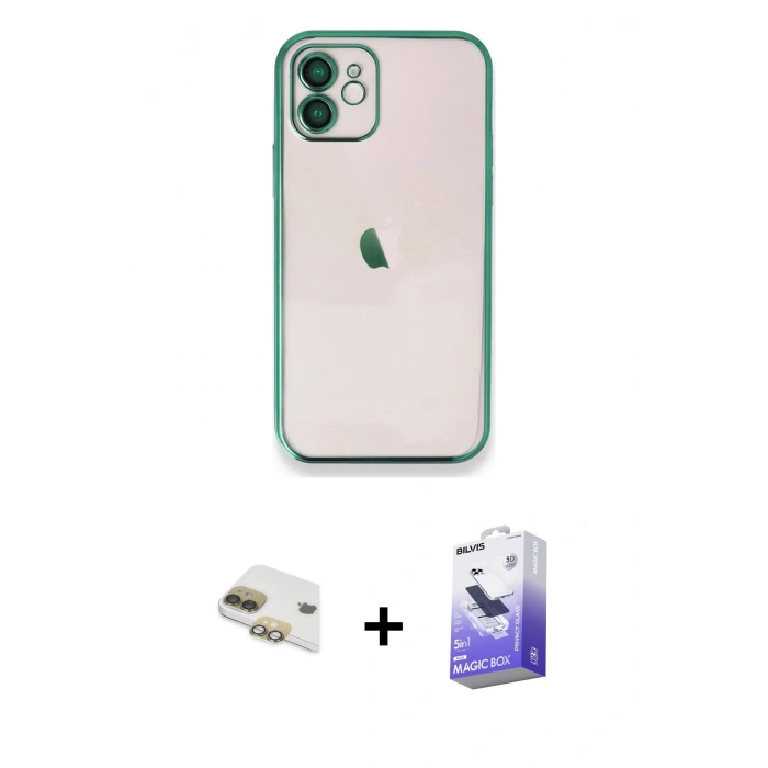 MARSİLYAN™- iPhone 11 Kılıf Vadi Minimal - Siyah Bilvis 5in1 5D Magic Hayalet Cam Ekran Koruyucu + Pers Alüminyum Kamera Lens - GD
