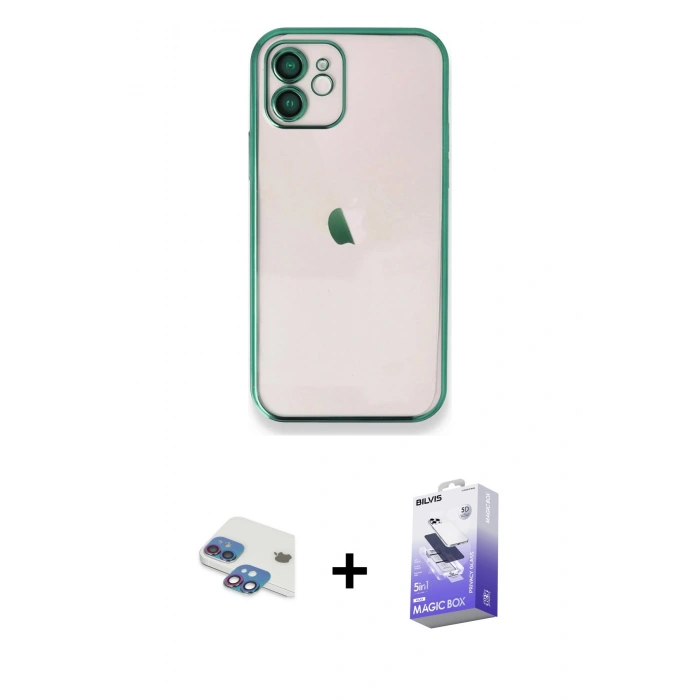 MARSİLYAN™- iPhone 11 Kılıf Vadi Minimal - Siyah Bilvis 5in1 5D Magic Hayalet Cam Ekran Koruyucu + Pers Alüminyum Kamera Lens - GI