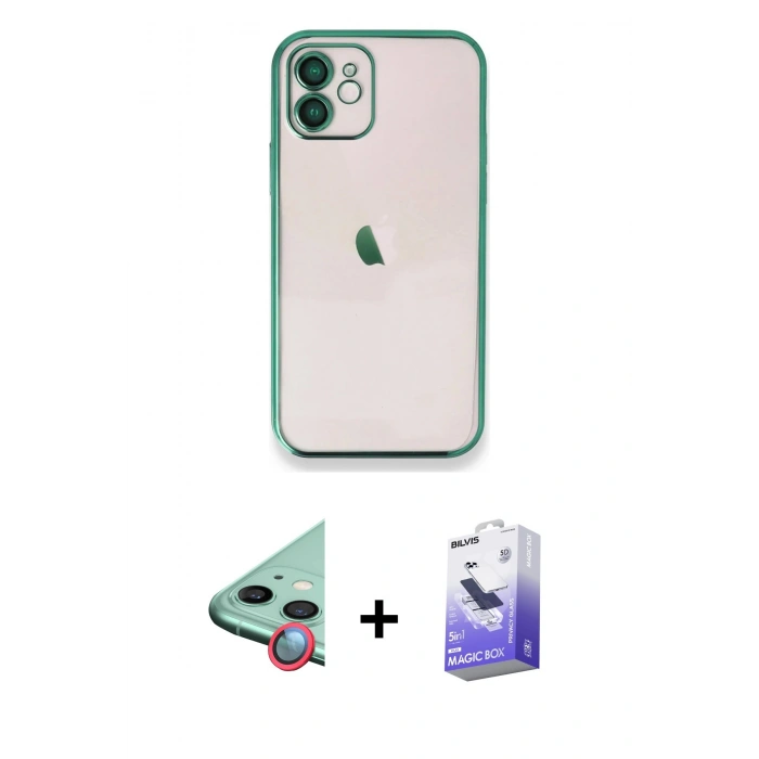 MARSİLYAN™- iPhone 11 Kılıf Vadi Minimal - Siyah Bilvis 5in1 5D Magic Hayalet Cam Ekran Koruyucu + Raze Metal Kamera Lens - KI