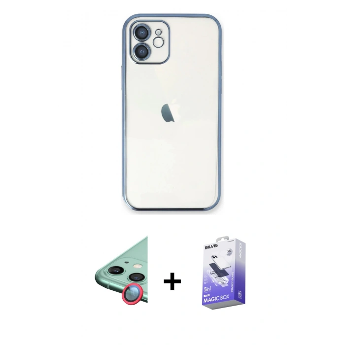 MARSİLYAN™- iPhone 11 Kılıf Vadi Minimal - Siyah Bilvis 5in1 5D Magic Hayalet Cam Ekran Koruyucu + Raze Metal Kamera Lens - KI