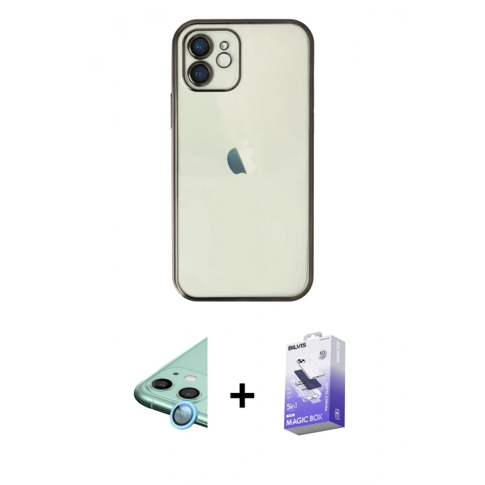 MARSİLYAN™- iPhone 11 Kılıf Vadi Minimal - Siyah Bilvis 5in1 5D Magic Hayalet Cam Ekran Koruyucu + Raze Metal Kamera Lens - MI