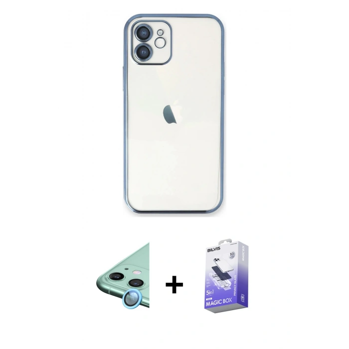 MARSİLYAN™- iPhone 11 Kılıf Vadi Minimal - Siyah Bilvis 5in1 5D Magic Hayalet Cam Ekran Koruyucu + Raze Metal Kamera Lens - MI