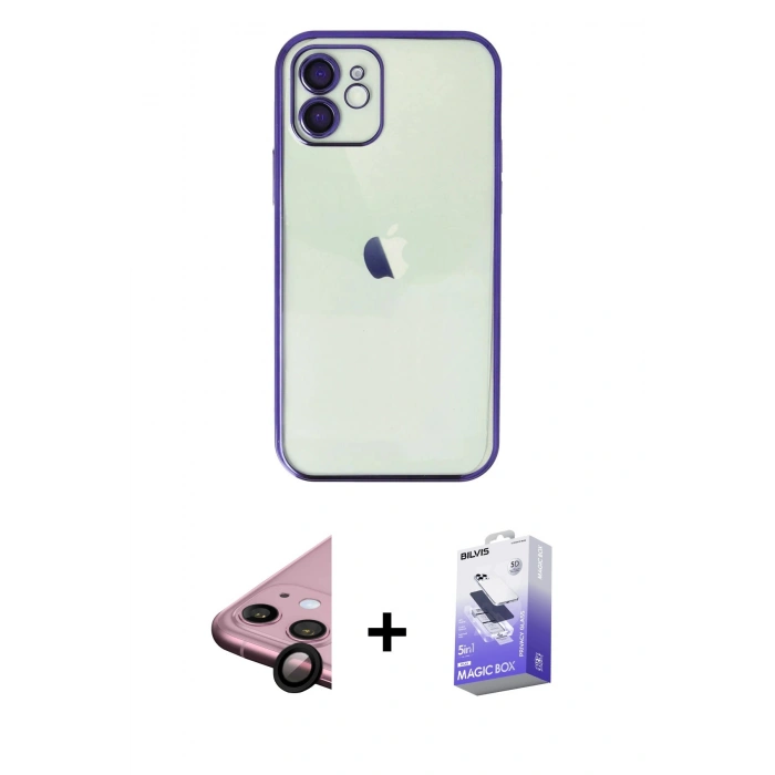 MARSİLYAN™- iPhone 11 Kılıf Vadi Minimal - Siyah Bilvis 5in1 5D Magic Hayalet Cam Ekran Koruyucu + Raze Metal Kamera Lens - SH