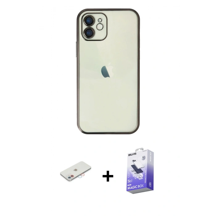 MARSİLYAN™- iPhone 11 Kılıf Vadi Minimal - Siyah Bilvis 5in1 5D Magic Hayalet Cam Ekran Koruyucu + Renkli Kamera Lens Koruma Cam - PE