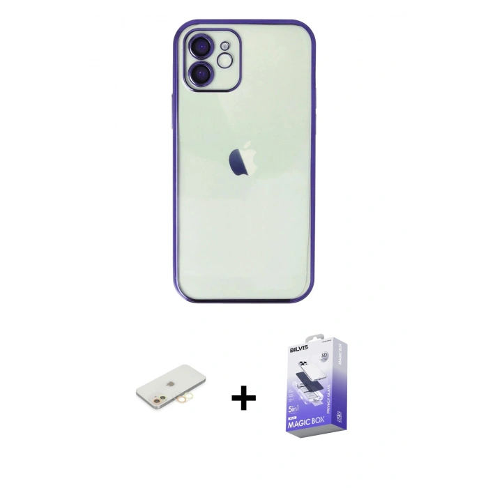 MARSİLYAN™- iPhone 11 Kılıf Vadi Minimal - Siyah Bilvis 5in1 5D Magic Hayalet Cam Ekran Koruyucu + Renkli Kamera Lens Koruma Cam - SI