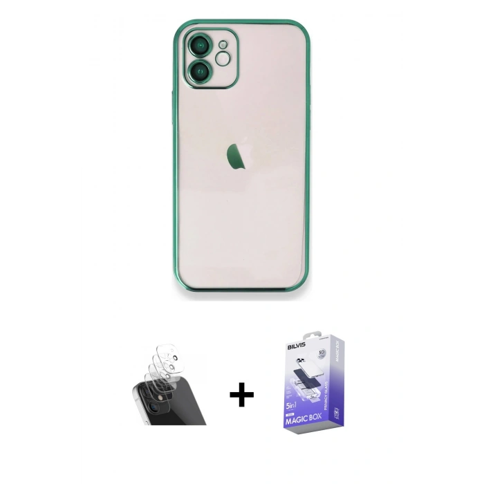 MARSİLYAN™- iPhone 11 Kılıf Vadi Minimal - Siyah Bilvis 5in1 5D Magic Hayalet Cam Ekran Koruyucu + Kamera Lens Koruma Cam - SF