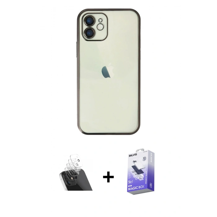 MARSİLYAN™- iPhone 11 Kılıf Vadi Minimal - Siyah Bilvis 5in1 5D Magic Hayalet Cam Ekran Koruyucu + Kamera Lens Koruma Cam - SF