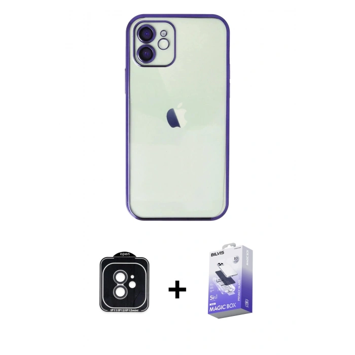 MARSİLYAN™- iPhone 11 Kılıf Vadi Minimal - Siyah Bilvis 5in1 5D Magic Hayalet Cam Ekran Koruyucu + Siyah PVD Metal Kamera Lens