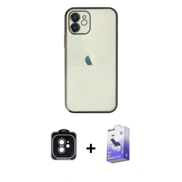 MARSİLYAN™- iPhone 11 Kılıf Vadi Minimal - Siyah Bilvis 5in1 5D Magic Hayalet Cam Ekran Koruyucu + Siyah PVD Metal Kamera Lens