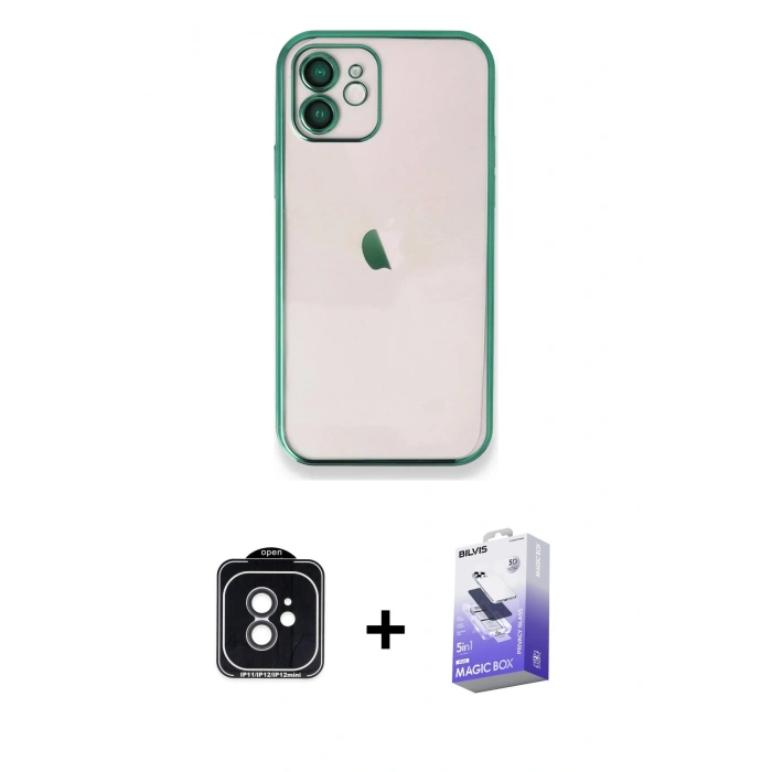 MARSİLYAN™- iPhone 11 Kılıf Vadi Minimal - Siyah Bilvis 5in1 5D Magic Hayalet Cam Ekran Koruyucu + Siyah PVD Metal Kamera Lens